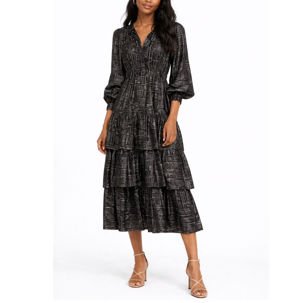 Ba&sh NWT Sophie Black Tiered Midi Dress Women's Size 6 Silk Metallic Party